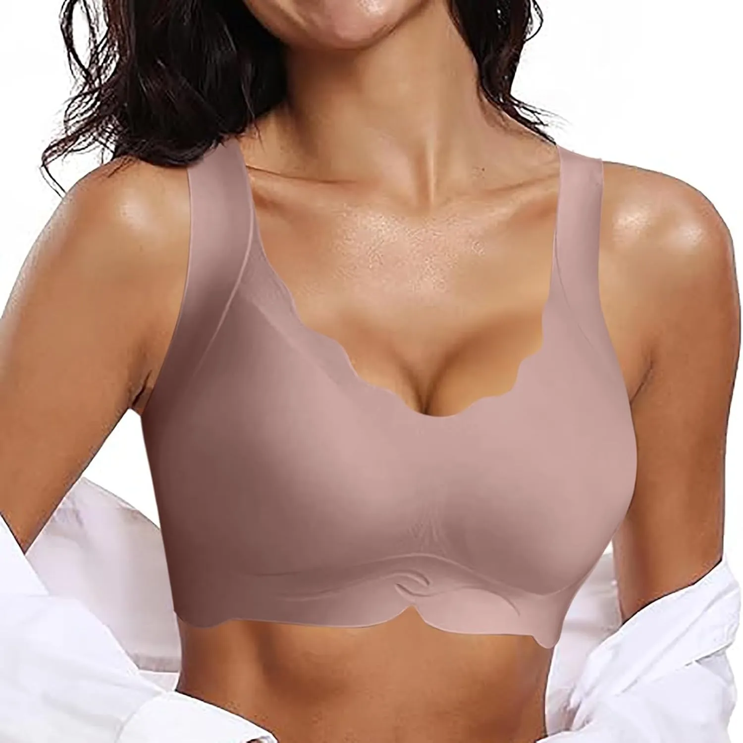 Womens Scalloped Seamless Bra No Underwire Comfort Push Up Bras Soft Wireless Bralette Full Coverage Sport Bra