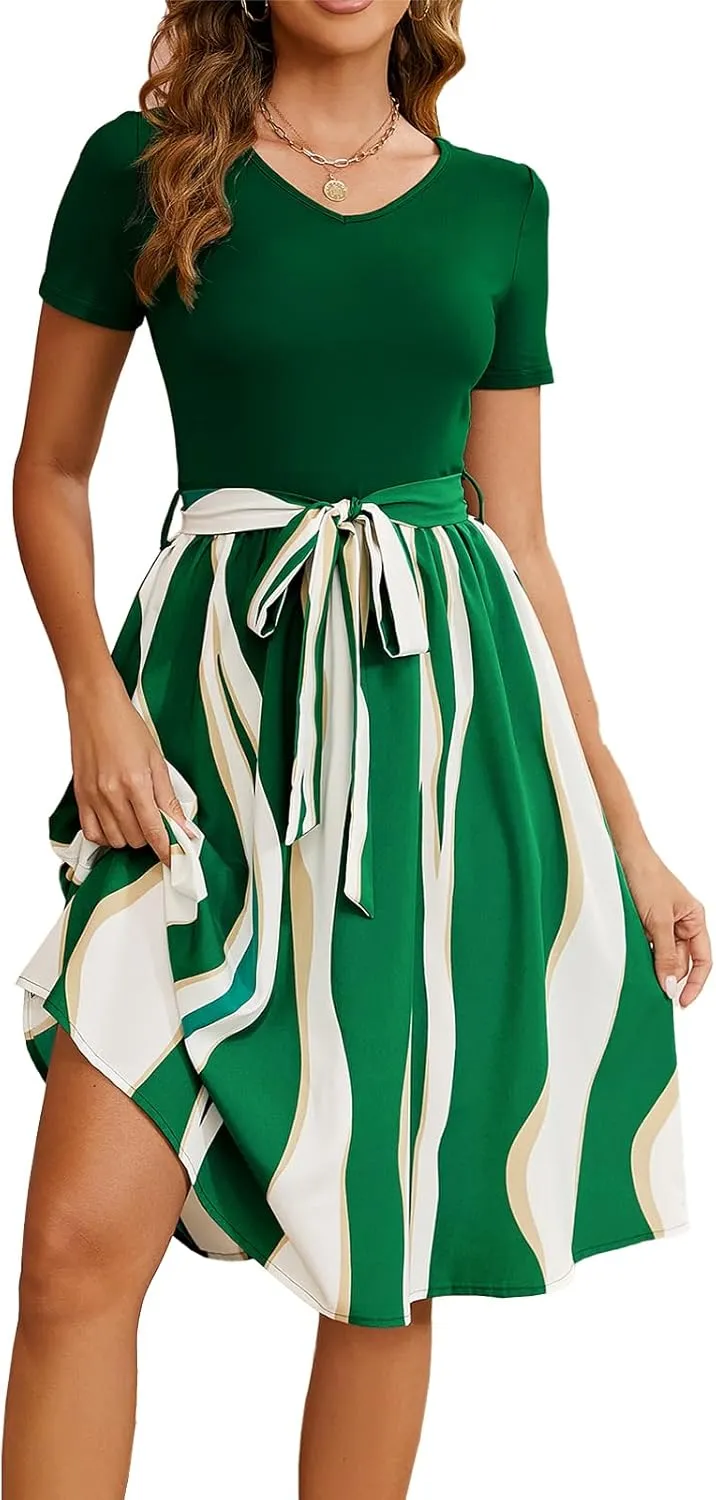 Women's Summer Casual Elegant Vintage Stripe V Neck Short Sleeve Work Party A-Line Knee-Length Dress with Belt D824