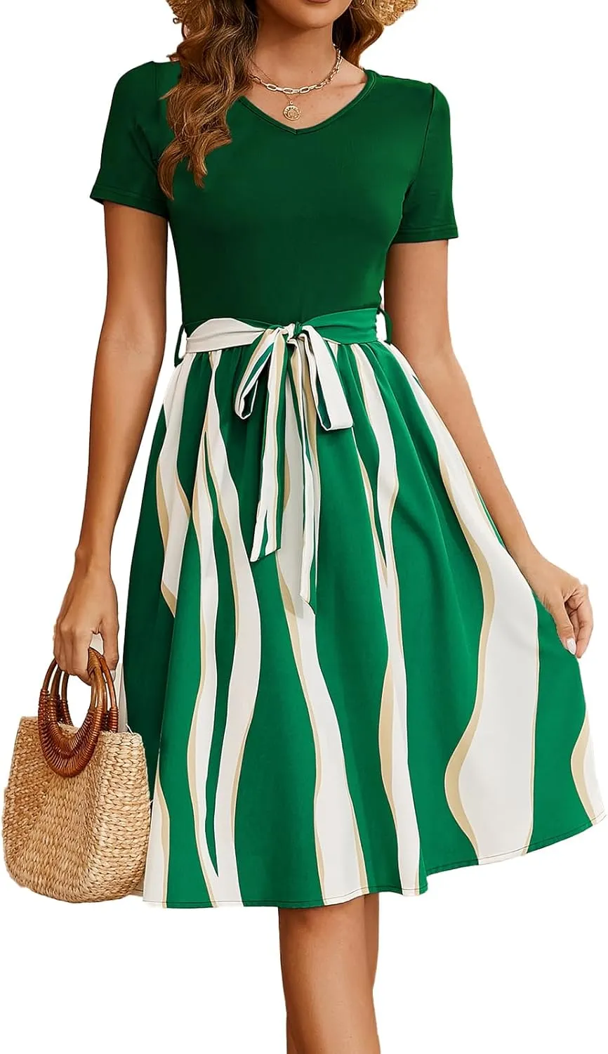 Women's Summer Casual Elegant Vintage Stripe V Neck Short Sleeve Work Party A-Line Knee-Length Dress with Belt D824