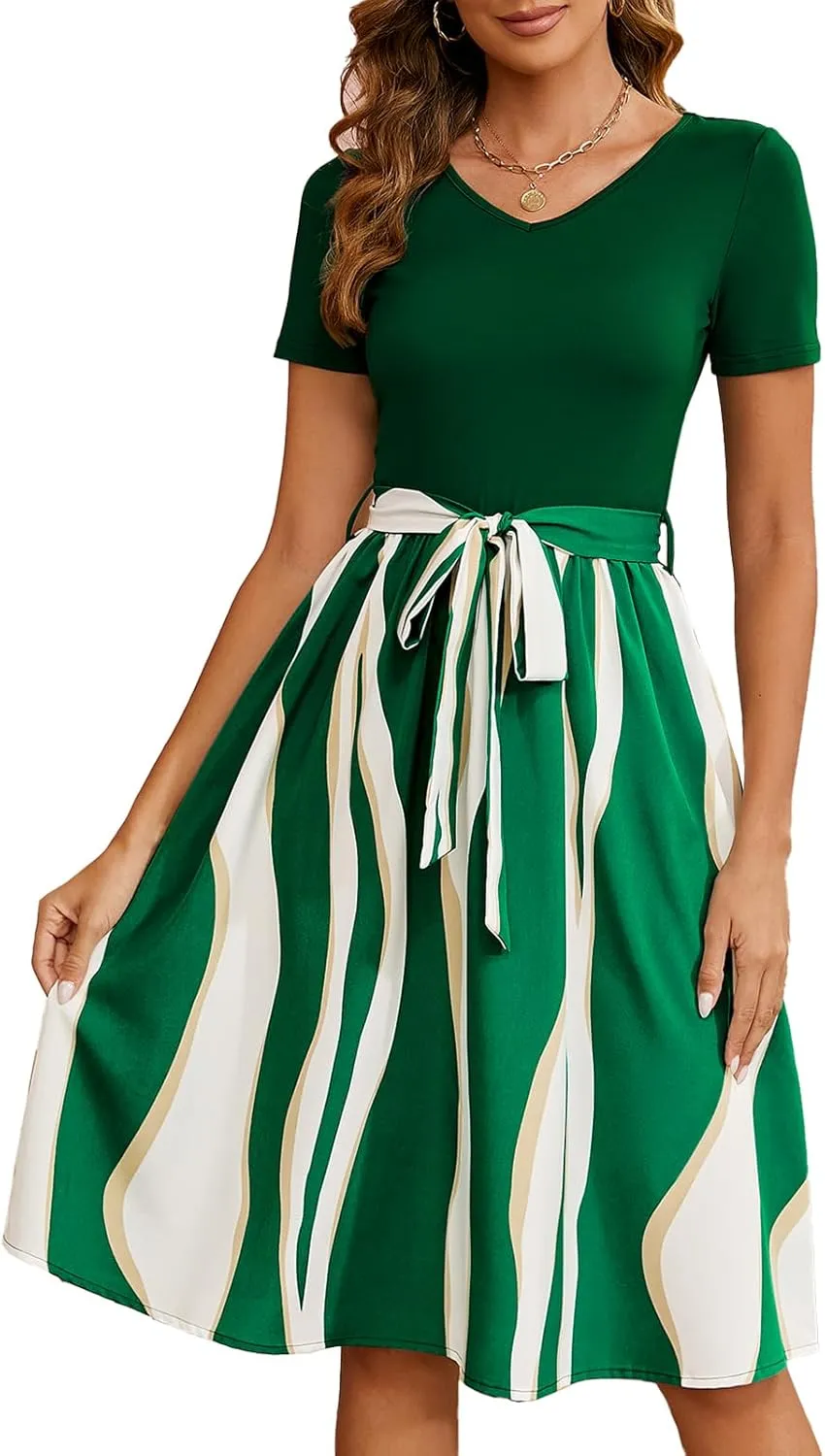 Women's Summer Casual Elegant Vintage Stripe V Neck Short Sleeve Work Party A-Line Knee-Length Dress with Belt D824